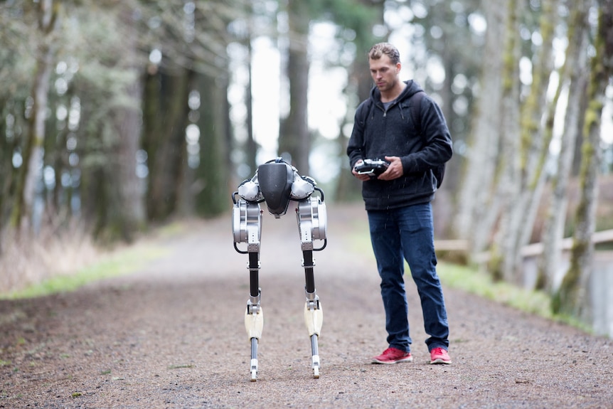 A white and black robot that looks like two human legs and thighs is standing in the middle of the road with a man with a remote control.